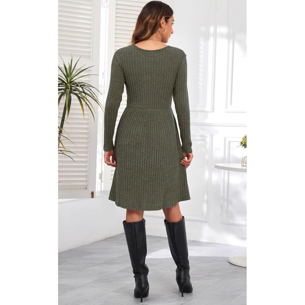 Women's Knit Sweater Dress Long Sleeve Loose Casual A-line with Pockets - Picture 4 of 4